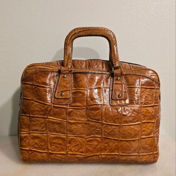 Vintage Park Lane Cognac Croc Embossed Leather Top Handle Satchel - Picture 1 of 12